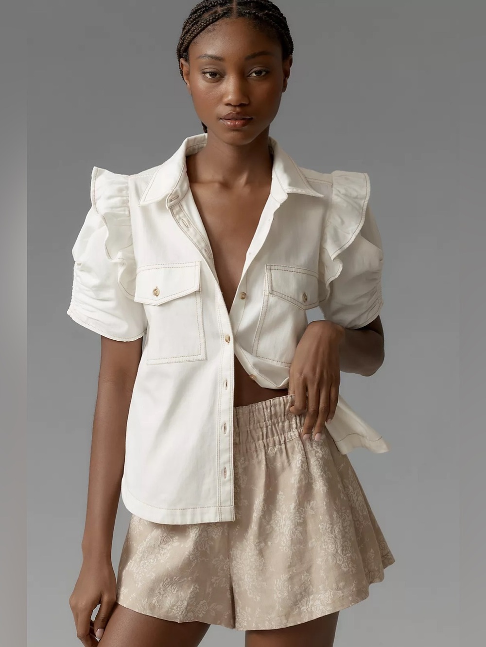 Anthropologie Pilcro Ozzi Ruffle-Sleeve Denim Buttondown Shirt In Ivory Size 2X